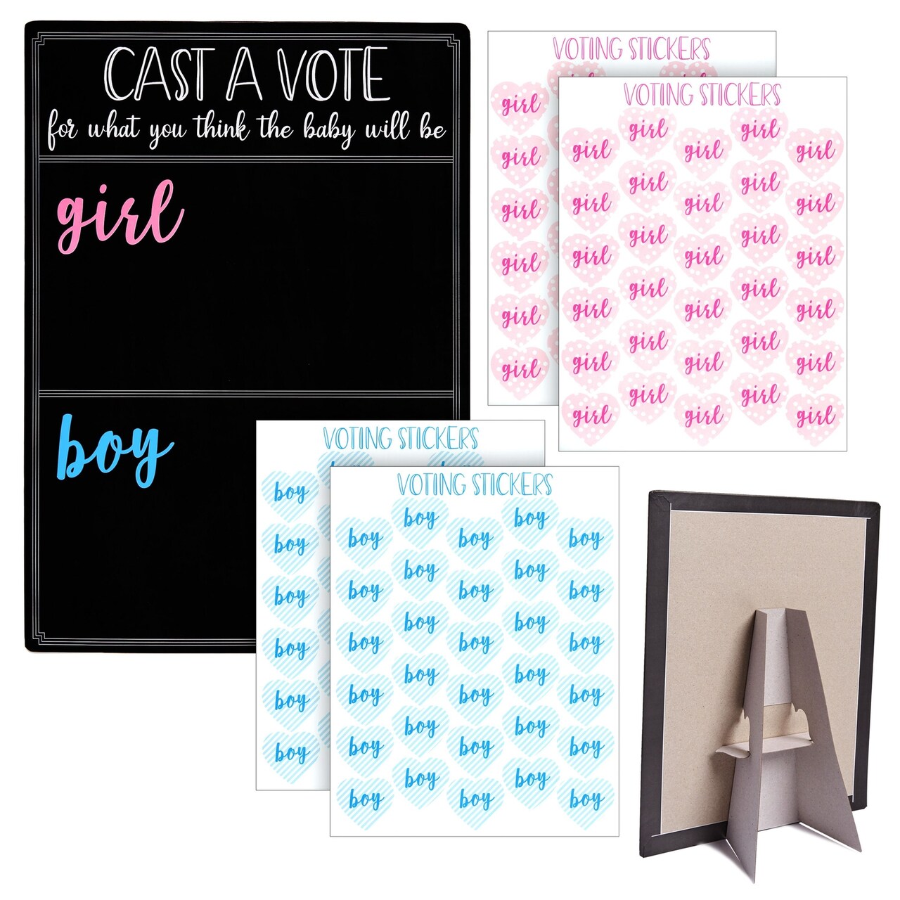 Gender Reveal Decorations for Baby Shower Games with 144 Girl or Boy Voting Stickers and Cast Your Vote Sign with Stand (Chalkboard Design, 12 x 17 In)